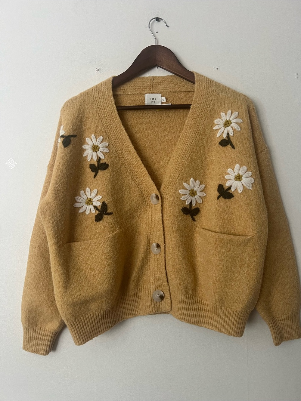 Luna Ivy mustard yellow Cardigan Sweater, XS, daisy embroidered autumn cottage